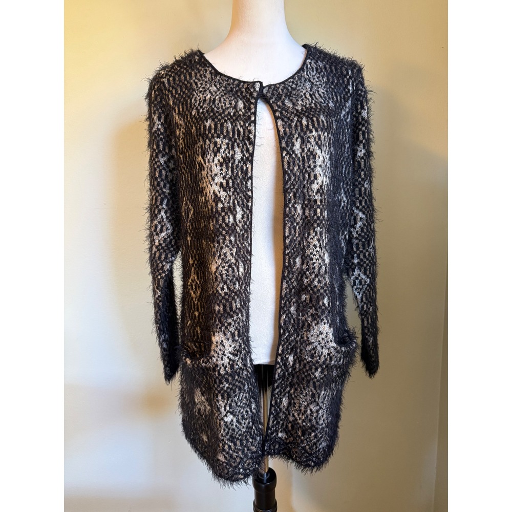 Black Tan BCBgmax Cardigan Sweater Open Front Pockets boho whimsi retro y2k cozy